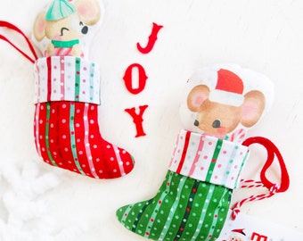 Handmade Mini Christmas Stocking with Plush Mouse: Gift Card Holder or Ornament, Twas fabric