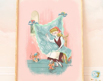 Cinderella sewing print, mice, Disney fan art, sewing room art for quilter, fairy tale princess, Mary Blair inspired, Jill Howarth