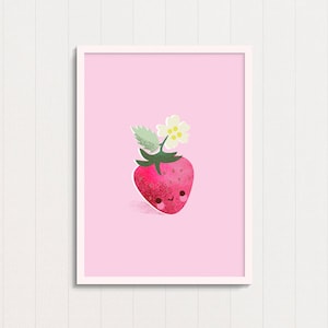Strawberry nursery print, fruit nursery art, cute strawberry art, modern nursery print, fruit decor, strawberry theme, kawaii fruit