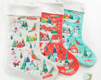 Handmade vintage style Christmas stockings, heirloom cute Santa Claus style, putz houses, snowman, linen and velvet, lined retro, kitsch