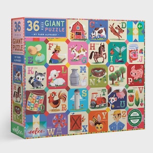May include: A 36-piece giant puzzle featuring a farm alphabet theme. The colorful box displays individual puzzle pieces with farm animals, objects, and letters. The puzzle is designed for children aged 4 and up.