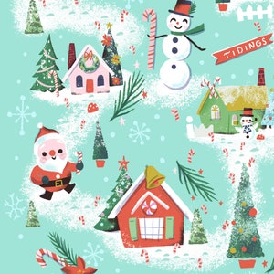 K&ouml;nnte beinhalten: Eine fantasievolle Weihnachtsszene mit einem rot-wei&szlig;en Weihnachtsmann, einem Schneemann, der einen Zuckerstock h&auml;lt, und Lebkuchenh&auml;usern mit Bonbondetails. Der Hintergrund ist hellblau mit wei&szlig;em Schnee und Schneeflocken.