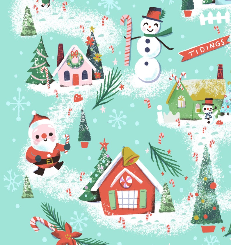 K&ouml;nnte beinhalten: Eine fantasievolle Weihnachtsszene mit einem rot-wei&szlig;en Weihnachtsmann, einem Schneemann, der einen Zuckerstock h&auml;lt, und Lebkuchenh&auml;usern mit Bonbondetails. Der Hintergrund ist hellblau mit wei&szlig;em Schnee und Schneeflocken.