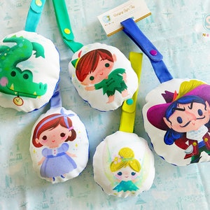 Set of 3 Neverland hanging toys for baby play gym activity center or stroller, Peter Pan, Hook, Tink, Tock, rattles, attachable soft toys