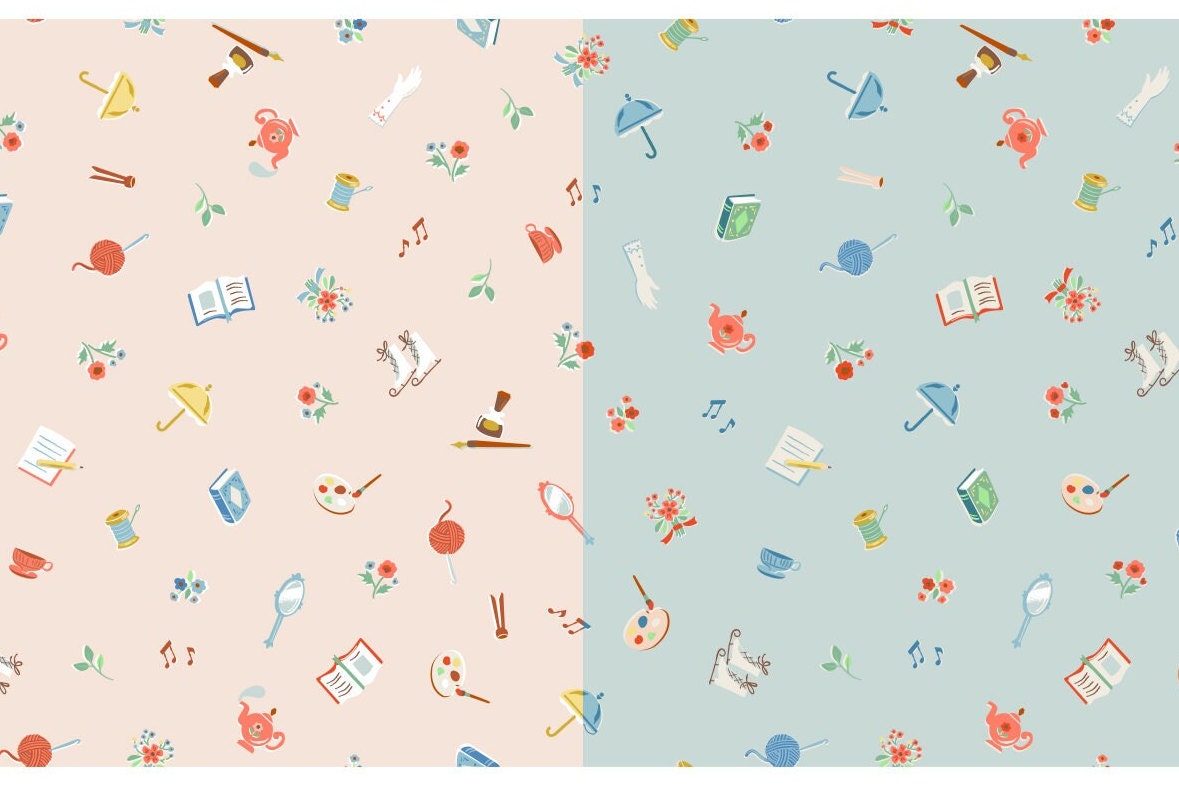 Little Women Riley Blake gifts fabric, OOP, blush, green or dusk blue, low volume tossed print, Jill Howarth, Louisa May Alcott