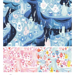 May include: A colorful pattern featuring teapots and cups in various shapes and sizes. The pattern is set against a blue and white background with a swirling design.
