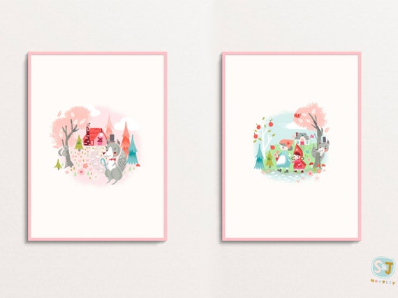 Little Red Riding Hood Prints: Storybook Nursery Art, Big Bad Wolf Set of 2
