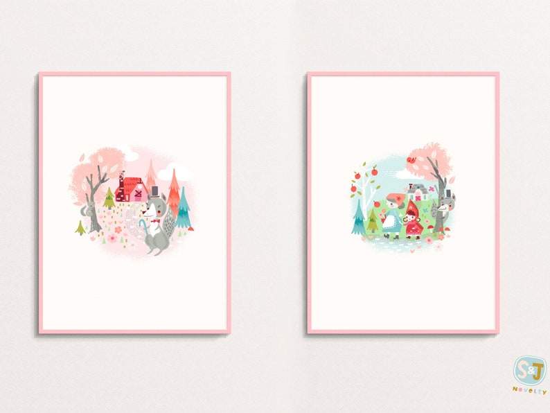 May include: Two illustrated prints featuring a wolf and a girl in a red hood. The first print shows a wolf wearing a top hat and bow tie standing in a forest with a red cottage in the background. The second print shows a girl in a red hood walking through a forest with a wolf behind her.