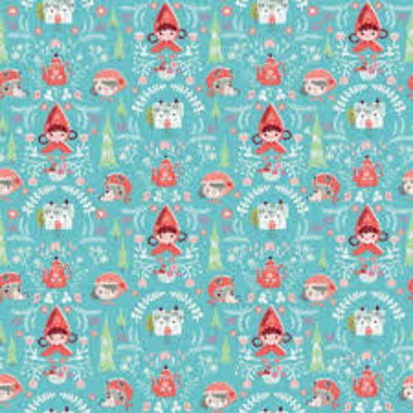 Little Red in the Woods damask fabric, OOP Riley Blake, teal, cream, pink, retro storybook fabric, Jill Howarth, Little Red Riding Hood