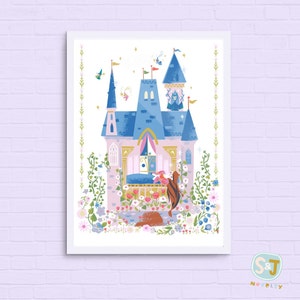 Exclusive Sleeping Beauty in Castle art print, Briar Rose, good fairies, Maleficent, girls fairy tale nursery, Little Brier Rose, Aurora