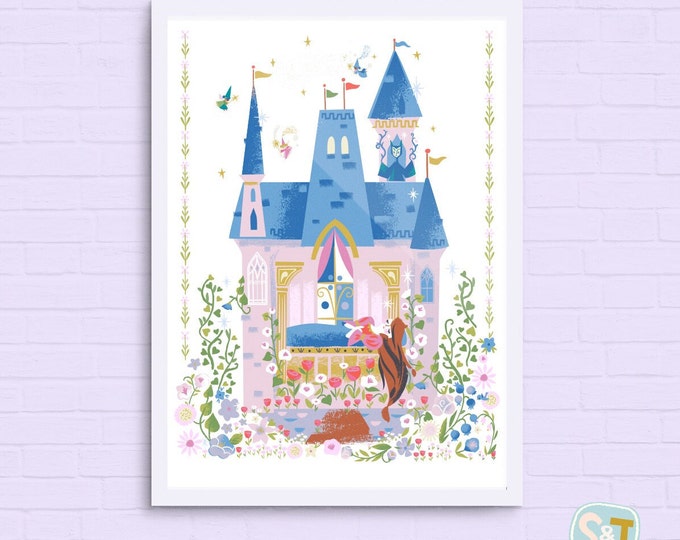 Exclusive Sleeping Beauty in Castle art print, Briar Rose, good fairies, Maleficent, girls fairy tale nursery, Little Brier Rose, Aurora