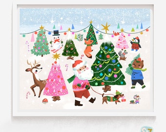 May include: A festive Christmas scene with Santa Claus, a reindeer, a snowman, and other woodland creatures selecting Christmas trees in a snowy forest.
