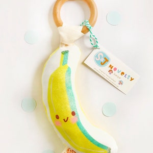 Organic Cotton Banana Teether Rattle, Wooden Fruit Eco Baby Toy, all natural