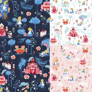 May include: A seamless pattern featuring Alice in Wonderland characters and imagery. The pattern is on a dark blue background with pink, white, and red accents. The pattern includes Alice, the Queen of Hearts, the Mad Hatter, and the Cheshire Cat.