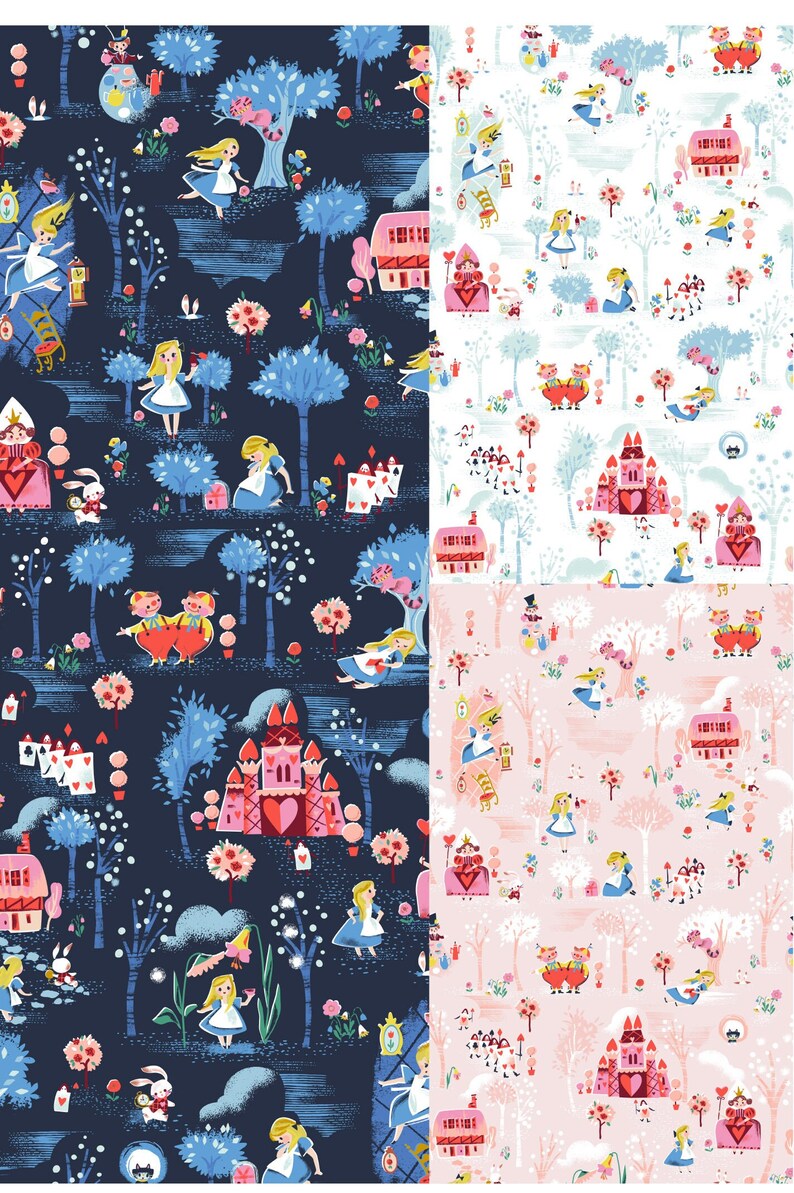 May include: A seamless pattern featuring Alice in Wonderland characters and imagery. The pattern is on a dark blue background with pink, white, and red accents. The pattern includes Alice, the Queen of Hearts, the Mad Hatter, and the Cheshire Cat.