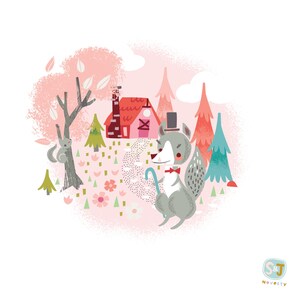 May include: A whimsical illustration of a gray squirrel wearing a top hat and bow tie, standing in a pink and green forest with a small red house in the background.