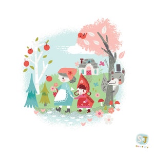 May include: A colorful illustration of two girls, one in a red hooded dress and the other in a blue dress, walking through a forest with a wolf hiding behind a tree. The scene includes a red bird, a small house, and a variety of flowers and trees.