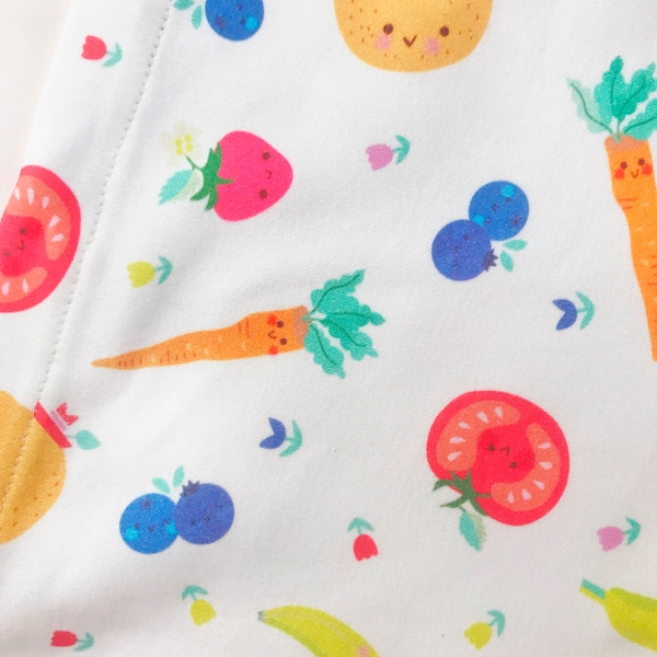 Organic cotton knit fruit baby blanket, stroller blanket, fruity print, unisex baby, kawaii, anthropomorphic fruit, eco baby, veggies