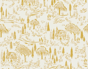 Little Brier Rose Toile Fabric: Woodland Animals, Gold Sparkle, Riley Blake