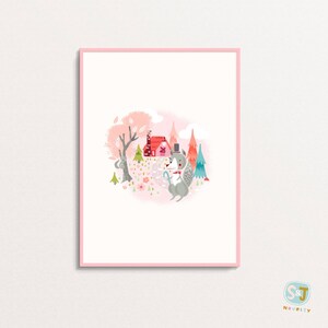 May include: A whimsical illustration of a gray squirrel wearing a top hat and bow tie, standing in a pink and green forest with a small red house and a pink tree.