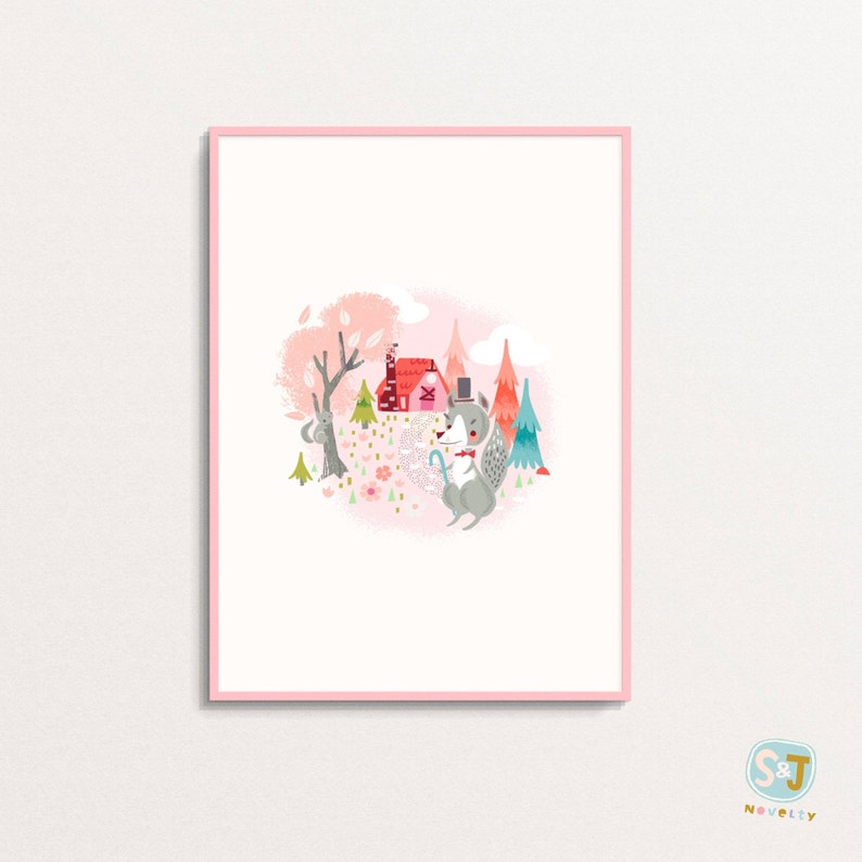 May include: A whimsical illustration of a gray squirrel wearing a top hat and bow tie, standing in a pink and green forest with a small red house and a pink tree.
