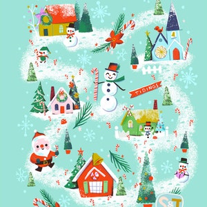 K&ouml;nnte beinhalten: Eine skurrile Weihnachtsillustration mit einem verschneiten Dorf mit H&auml;usern, B&auml;umen, Schneem&auml;nnern, Zuckerstangen und den Worten "No&euml;l", "Tidings", "Cheer" und "S&J Noely".