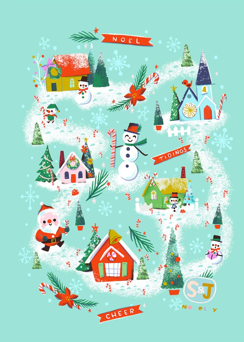 K&ouml;nnte beinhalten: Eine skurrile Weihnachtsillustration mit einem verschneiten Dorf mit H&auml;usern, B&auml;umen, Schneem&auml;nnern, Zuckerstangen und den Worten "No&euml;l", "Tidings", "Cheer" und "S&J Noely".