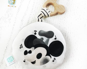 NEW! Steamboat Willie organic teether rattle with wooden mickey ears, eco toy, handmade cotton baby, unisex baby nursery, high contrast toy