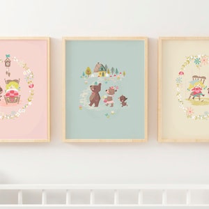 Exclusive Goldilocks and the three bears set of 3 prints, Goldi, baby, momma bear, storybook nursery,  Riley Blake Goldilocks, woodland