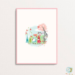May include: A digital illustration of a girl in a red hooded dress and a girl in a blue dress walking through a forest. The forest is filled with trees, flowers, and a small house. There is a gray wolf hiding behind a tree.