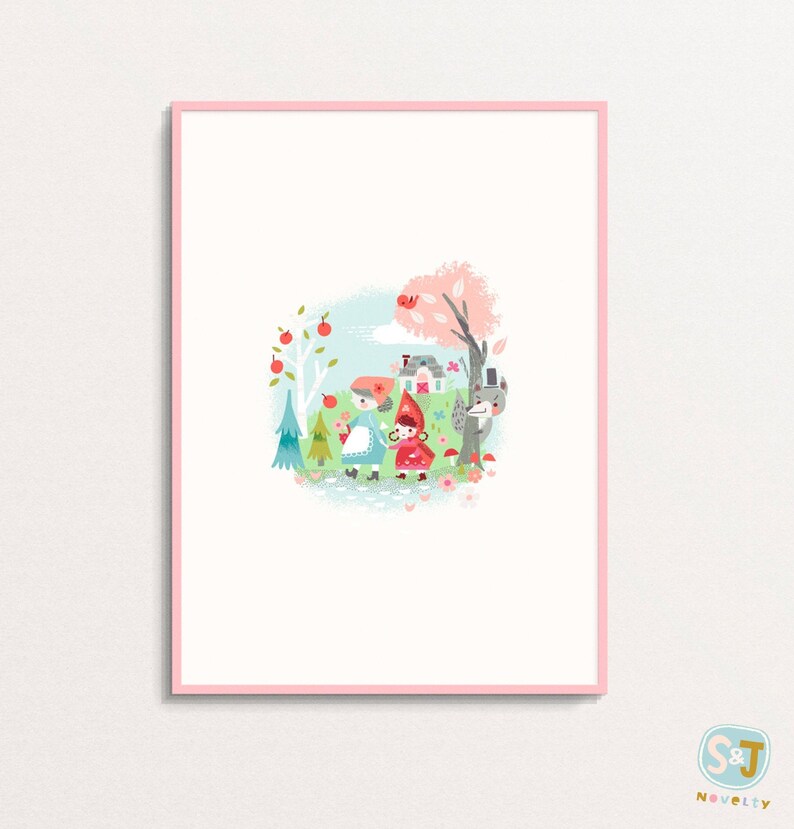 May include: A digital illustration of a girl in a red hooded dress and a girl in a blue dress walking through a forest. The forest is filled with trees, flowers, and a small house. There is a gray wolf hiding behind a tree.