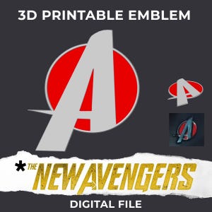 Peut inclure: Un emblème 3D imprimable du logo des New Avengers. Le logo est un "A" stylisé avec un cercle rouge derrière. Le texte "The New Avengers" est écrit en lettres dorées sur un morceau de papier déchiré.