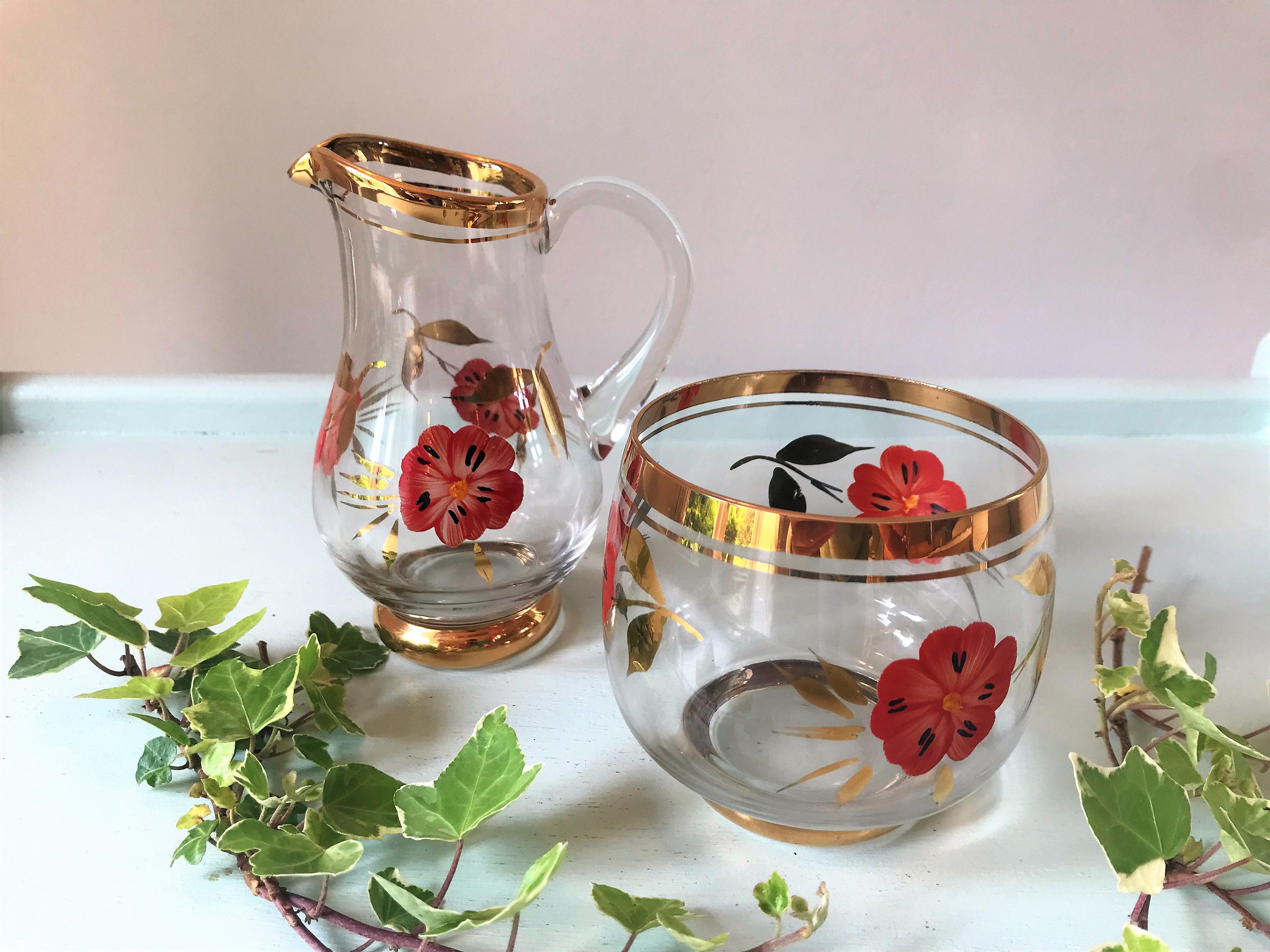 Vintage Painted Glass Jug and Bowl Etsy UK