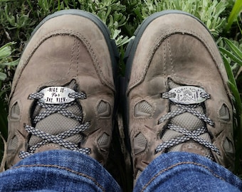 Hike It For The View - Hand Stamped Shoe Tags - Hiker Gift - Hiking Gear - Hiking Gift - Footnotes - Original Design - Ready Made