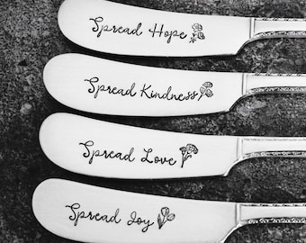 Hand Stamped Butter Knives, Cheese Knives, Butter Spreaders, Olive Forks, Pickle Forks and Jam Knives | Personalized | Engagement Gift