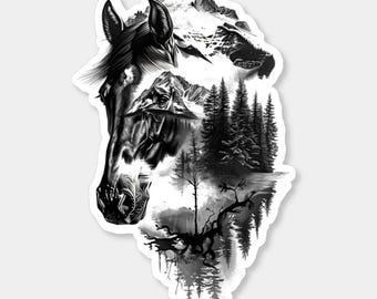 Horse and Mountain Scene Sticker | Equestrian Gift and Accessory | Horse Lover Sticker | Waterproof Vinyl Heavy + UV Resistant