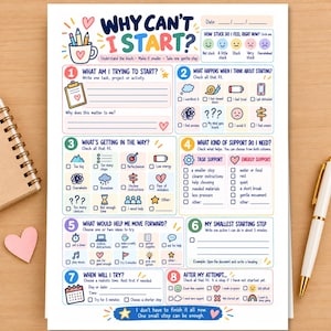 May include: A printed worksheet titled Why Can't I Start? featuring eight numbered sections with checkboxes, icons, and prompts to help manage tasks. The colourful layout includes a date field, mood tracker, and space for writing notes to break down projects into small steps.
