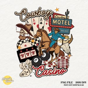 Cowboy Casino and Motel Checkered PNG Retro Western Collage Designs, Trending Eight Ball Casino Dice Western Playing cards Concho PNG Shirt