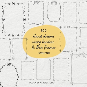 Puede incluir: Una colección de 100 bordes ondulados y marcos de lazo dibujados a mano en negro. Los diseños incluyen varias formas rectangulares y ovaladas con lazos decorativos y líneas onduladas. También está presente el texto "100 Hand drawn wavy borders & Bow frames SVG.PNG".