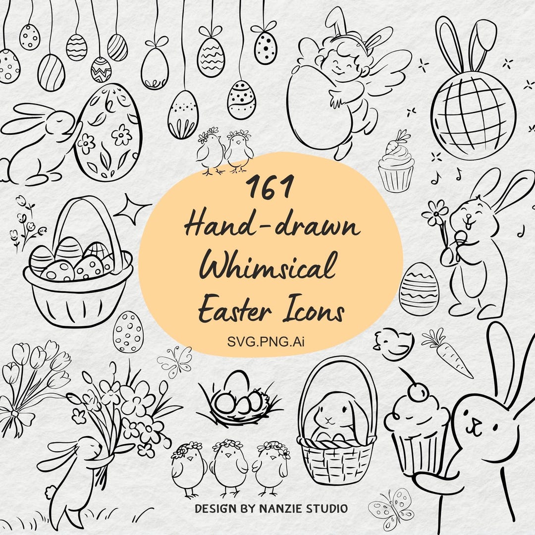 Whimsical Easter SVG Bundle, Hand Drawn Spring Bunny Doodle Clipart for ...