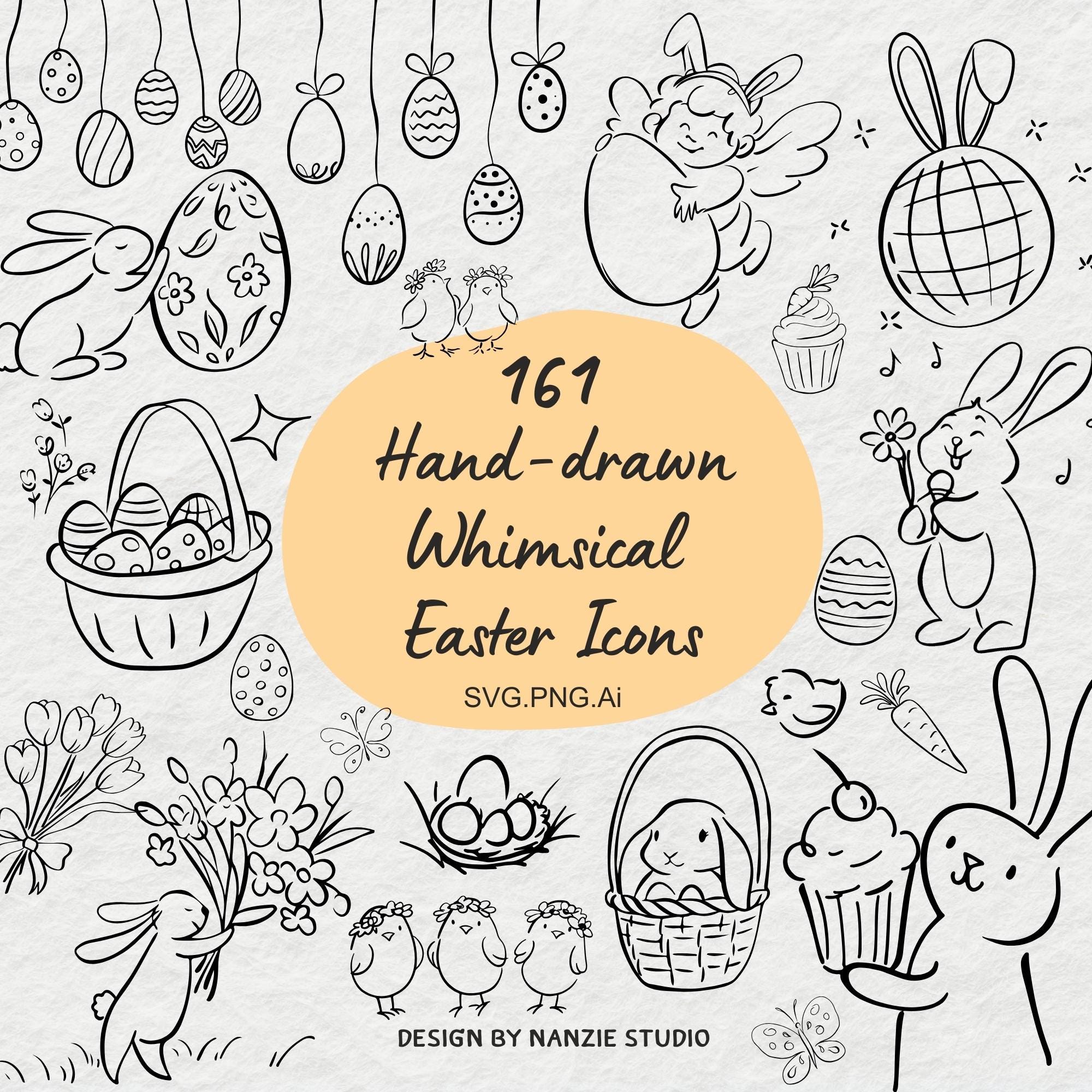 Whimsical Easter SVG Bundle, Hand Drawn Spring Bunny Doodle Clipart for ...