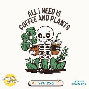 Koffie en planten, skeletplant Svg Png, schattig trendy grappig skelet koffie en plantenliefhebber SVG PNG-shirts, stickers sublimatie ontwerpen