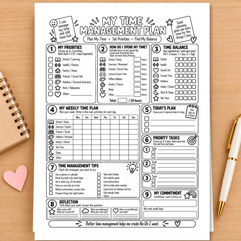 Time Management Worksheet for Teens, Executive Function Skills, ADHD