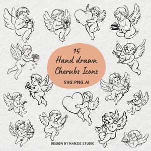 Puede incluir: Una colección de 15 iconos de querubines dibujados a mano en blanco y negro. Los querubines se representan en varias poses, sosteniendo regalos, corazones, flores y otros objetos. El diseño incluye el texto "15 Hand drawn Cherubs Icons" y "SVG.PNG.AI".