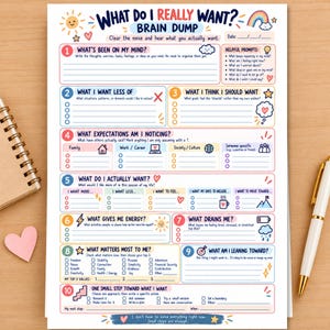 May include: A white paper worksheet titled What Do I Really Want? Brain Dump with ten numbered sections for personal reflection. The layout includes colourful icons, checkboxes, and lines for writing, featuring prompts about thoughts, values, and goals.