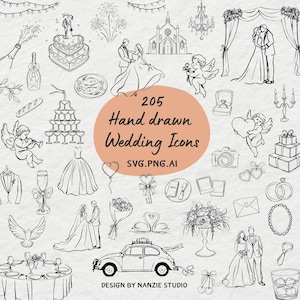 Whimsical Wedding Doodles SVG PNG Bundle: Icons Wedding Invite Clipart (Digital Download)