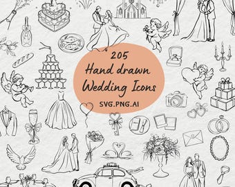 Whimsical Wedding Doodles SVG PNG Bundle: Icons Wedding Invite Clipart (Digital Download)