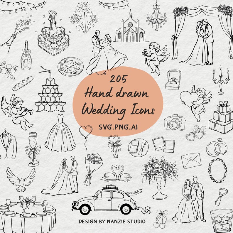 Elegant whimsical wedding clipart bundle featuring 205 hand-drawn elements including bride and groom poses, wedding dresses, floral arches, vintage cars, cakes, champagne glasses, dinner table settings, food and desserts, churches, doves, cherubs, bows, wreaths, and vintage frames. Perfect for wedding invitations, menus, bridal shower cards, and romantic stationery designs. Created by Nanzie Studio in a clean hand-drawn doodle style.