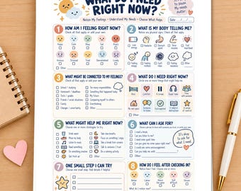 May include: A mental health check-in worksheet titled What Do I Need Right Now? featuring eight numbered sections with checkboxes, icons, and prompts for tracking feelings, physical sensations, and coping strategies in a soft pastel color palette.