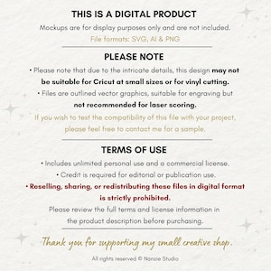 Puede incluir: Una hoja de informaci&oacute;n de producto digital con texto negro sobre un fondo crema. El texto incluye detalles sobre formatos de archivo, t&eacute;rminos de uso y una nota sobre la idoneidad del dise&ntilde;o para Cricut. La hoja termina con un mensaje de agradecimiento.